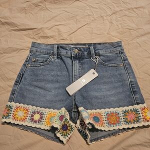 Tractr Blue Denim Shorts with Colorful Crochet Trim